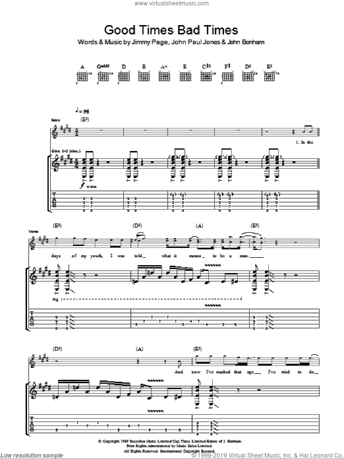 Good Times Bad Times sheet music for guitar (tablature) by Led Zeppelin, Jimmy Page, John Bonham and John Paul Jones, intermediate skill level