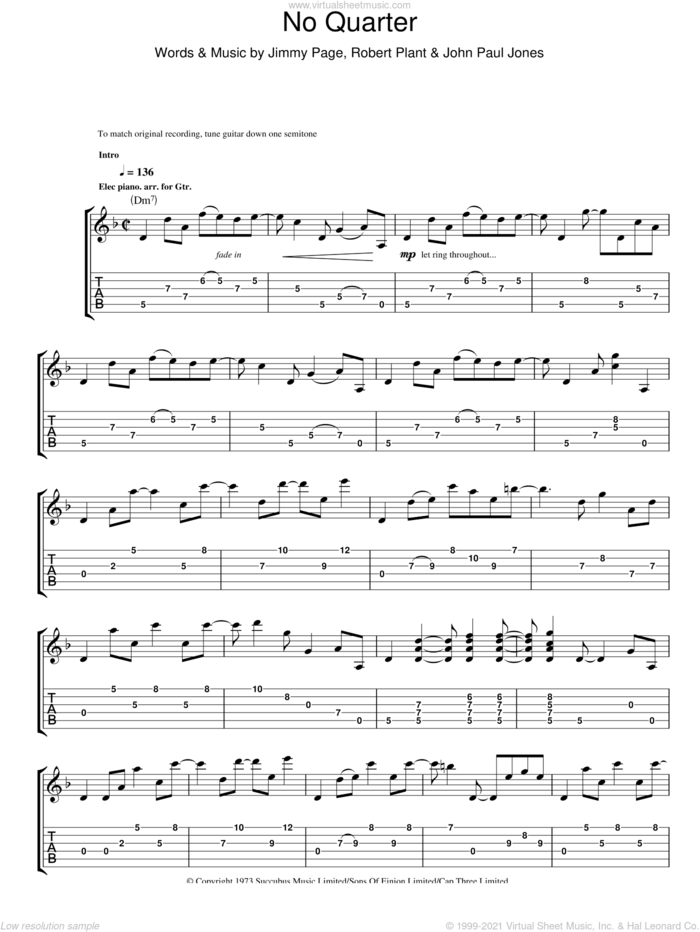No Quarter sheet music for guitar (tablature) by Led Zeppelin, Jimmy Page, John Paul Jones and Robert Plant, intermediate skill level