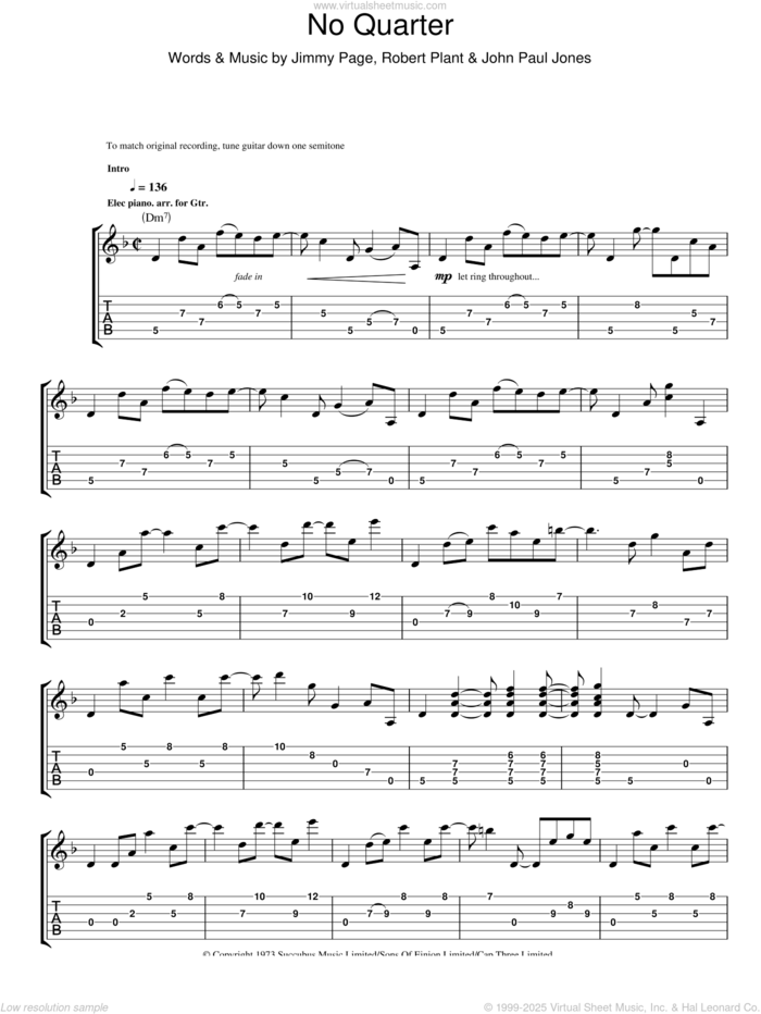 No Quarter sheet music for guitar (tablature) by Led Zeppelin, Jimmy Page, John Paul Jones and Robert Plant, intermediate skill level