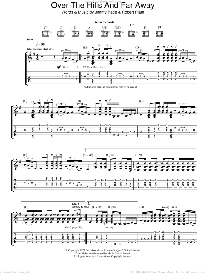 Over The Hills And Far Away sheet music for guitar (tablature) by Led Zeppelin, Jimmy Page and Robert Plant, intermediate skill level