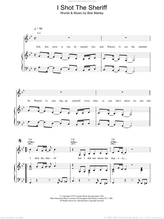 I Shot The Sheriff sheet music for voice, piano or guitar by Bob Marley, Eric Clapton and Warren G, intermediate skill level