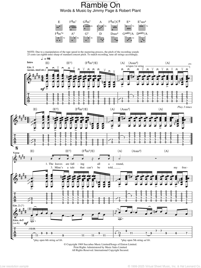 Ramble On sheet music for guitar (tablature) by Led Zeppelin, Jimmy Page and Robert Plant, intermediate skill level