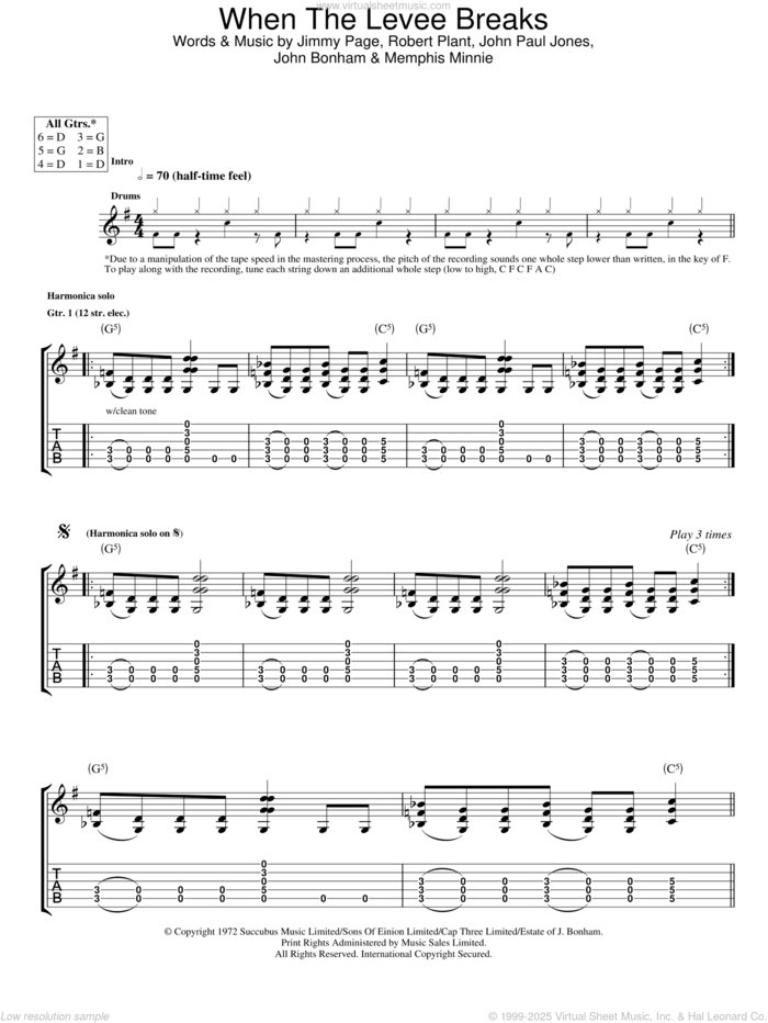 When The Levee Breaks sheet music for guitar (tablature) by Led Zeppelin, Jimmy Page and Robert Plant, intermediate skill level