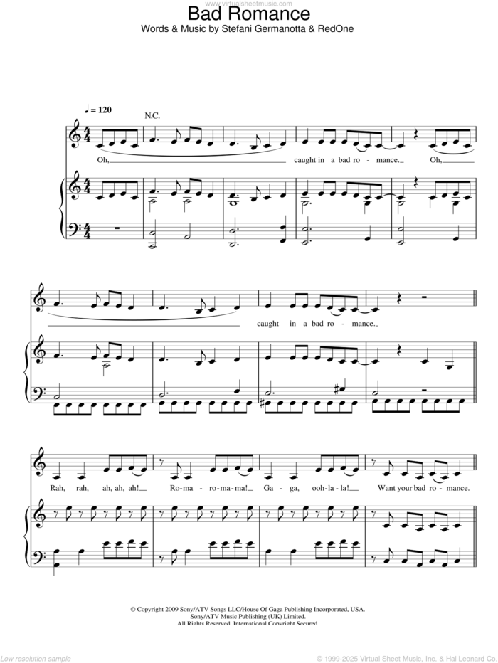 Bad Romance sheet music for voice, piano or guitar by Lady GaGa and RedOne, intermediate skill level