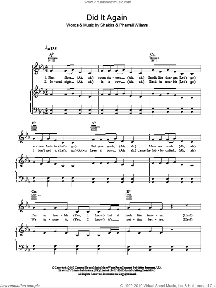 Did It Again sheet music for voice, piano or guitar by Shakira and Pharrell Williams, intermediate skill level
