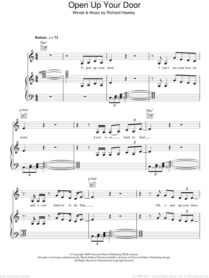 Open Up Your Door sheet music for voice, piano or guitar by Richard Hawley, intermediate skill level