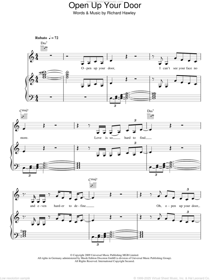 Open Up Your Door sheet music for voice, piano or guitar by Richard Hawley, intermediate skill level