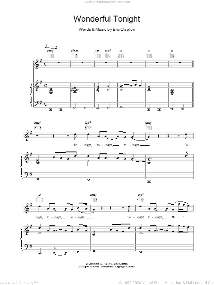 Wonderful Tonight sheet music for voice, piano or guitar by Eric Clapton and David Kersh, wedding score, intermediate skill level