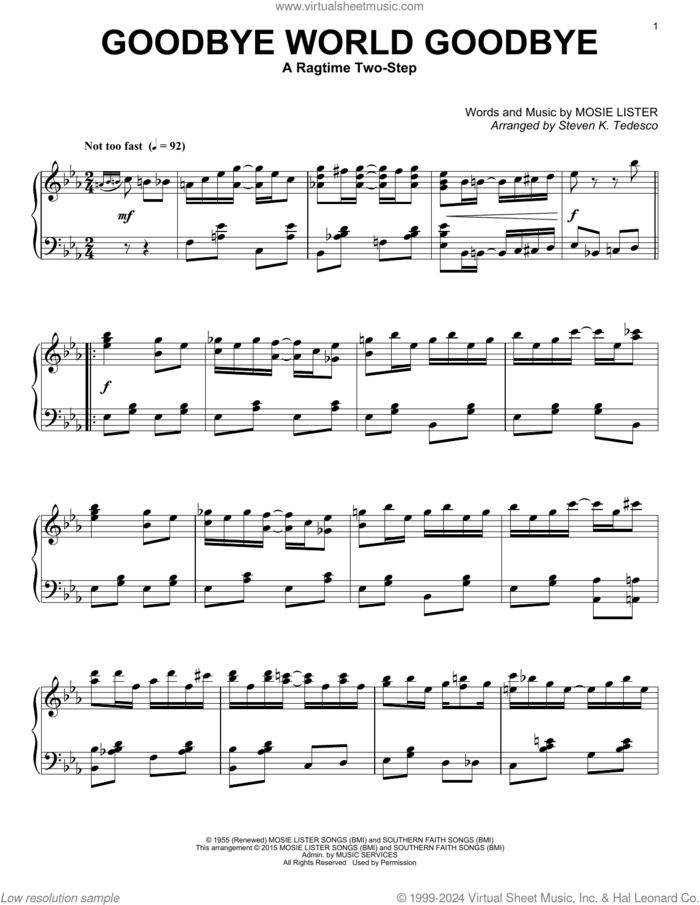 Goodbye World Goodbye (arr. Steven K. Tedesco) sheet music for piano solo by Mosie Lister and Steven K. Tedesco, intermediate skill level