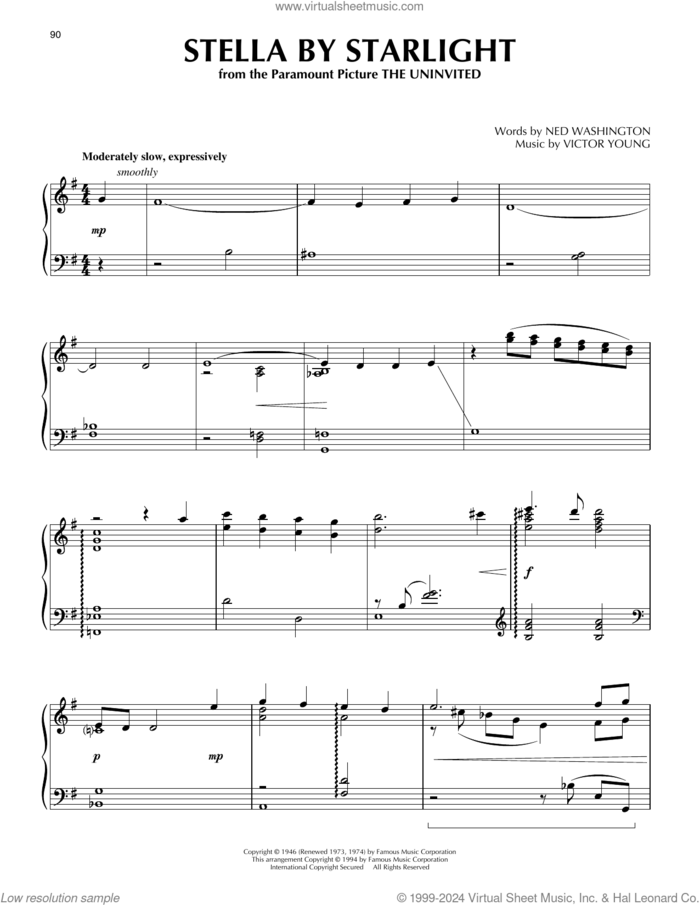 Stella By Starlight sheet music for piano solo by Ned Washington, Ray Charles and Victor Young, intermediate skill level