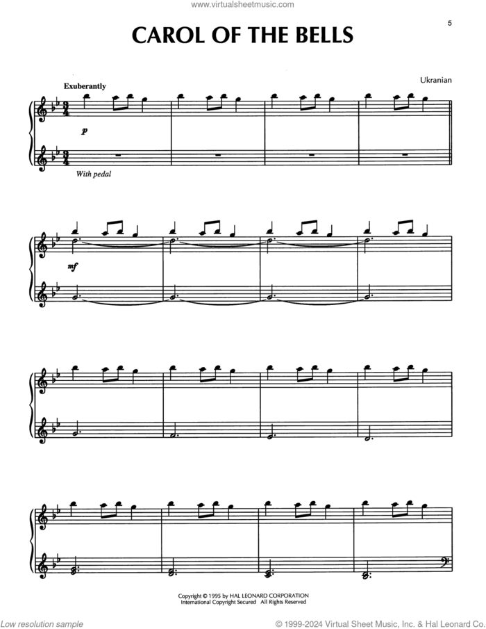 Ukrainian Bell Carol sheet music for piano solo by Mykola Leontovych and Miscellaneous, intermediate skill level