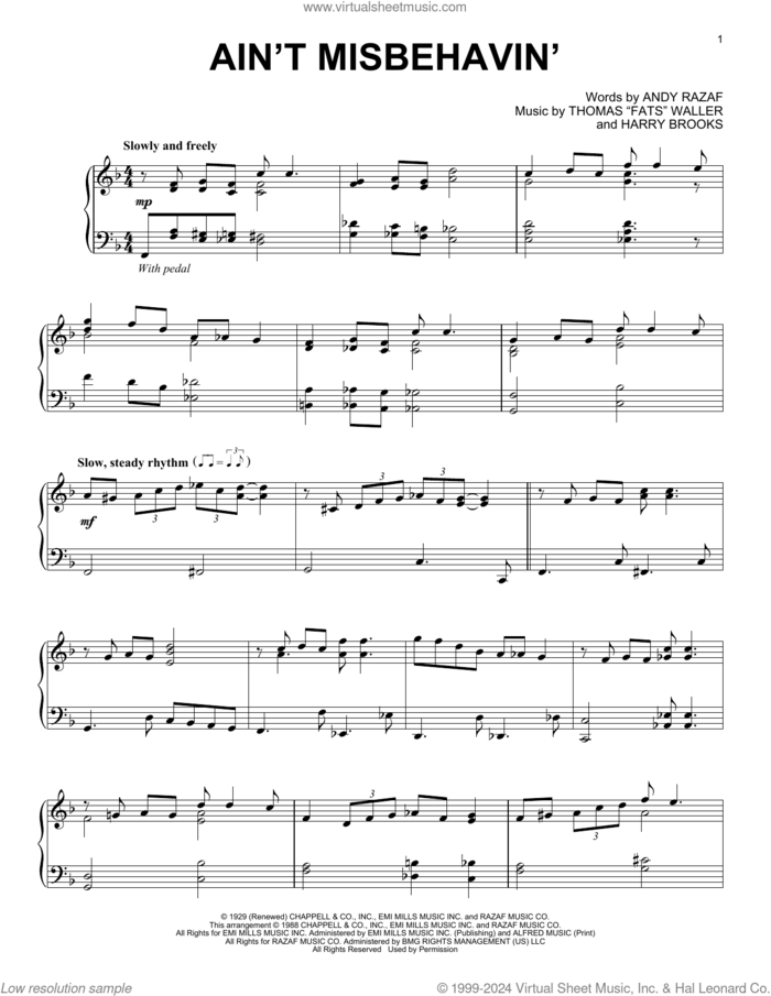 Ain't Misbehavin' sheet music for piano solo by Andy Razaf, Thomas Waller, Thomas Waller and Harry Brooks, intermediate skill level