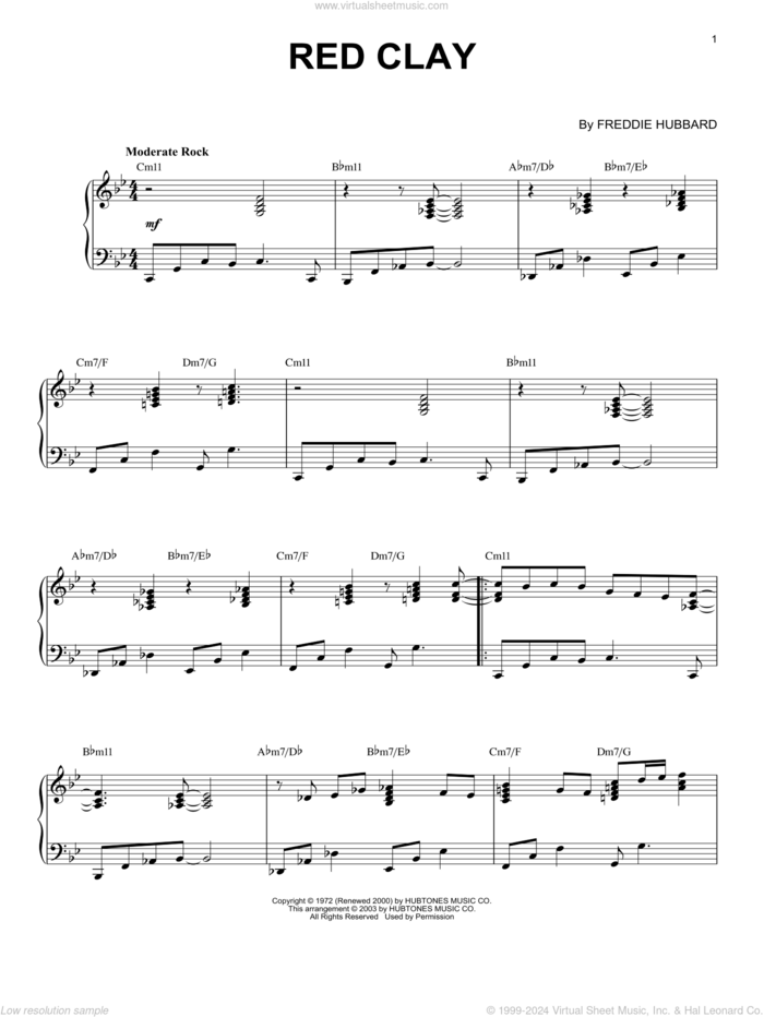 Red Clay sheet music for piano solo by Freddie Hubbard, intermediate skill level