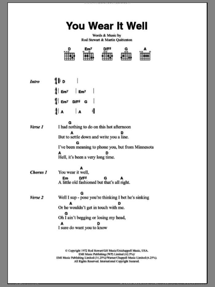 You Wear It Well sheet music for guitar (chords) by Rod Stewart and Martin Quittenton, intermediate skill level