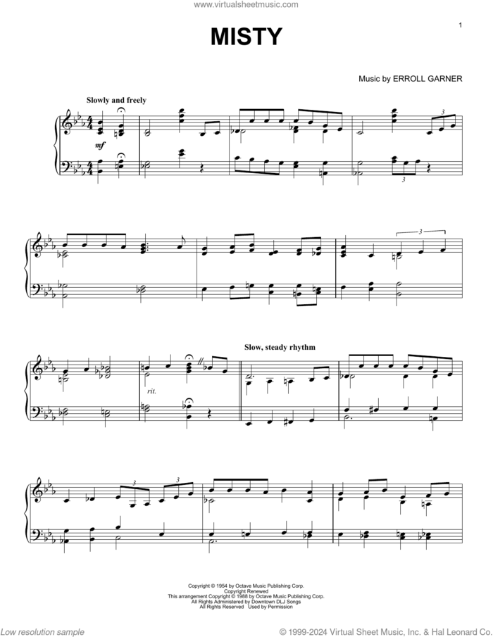 Misty, (intermediate) sheet music for piano solo by Johnny Mathis, Erroll Garner and John Burke, intermediate skill level