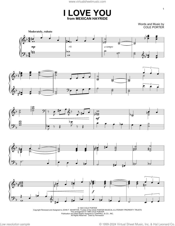I Love You sheet music for piano solo by Cole Porter, intermediate skill level