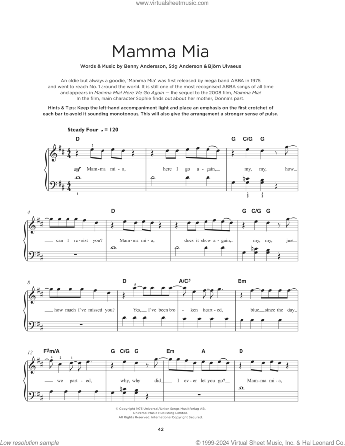 Mamma Mia sheet music for piano solo by ABBA, Meryl Streep, Benny Andersson, Bjorn Ulvaeus and Stig Anderson, beginner skill level