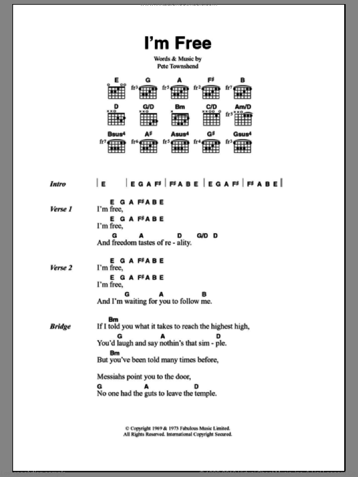 I'm Free sheet music for guitar (chords) by The Who and Pete Townshend, intermediate skill level