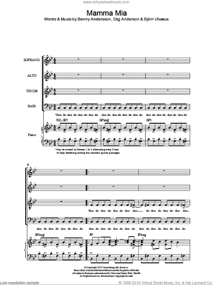 Mamma Mia sheet music for choir (SATB: soprano, alto, tenor, bass) by ABBA, Benny Andersson, Bjorn Ulvaeus, Miscellaneous and Stig Anderson, intermediate skill level