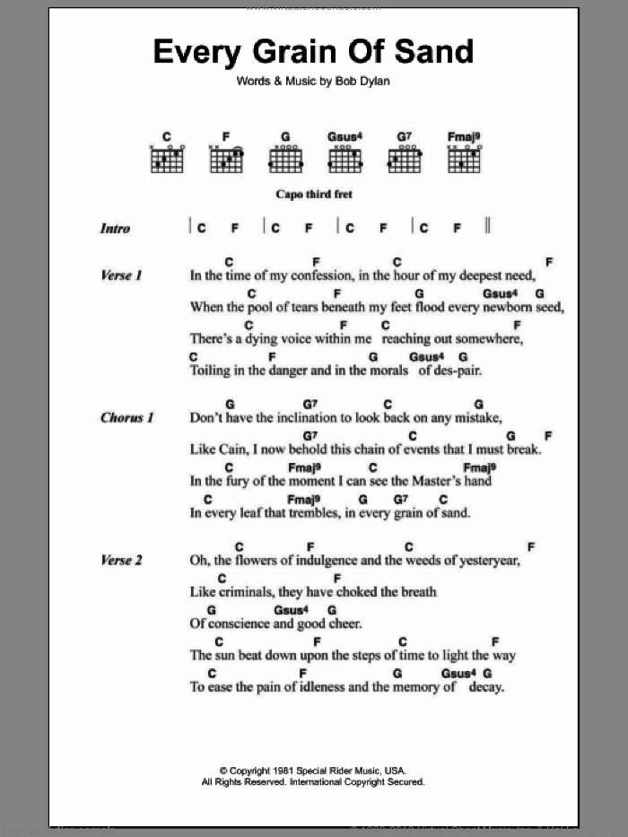 Every Grain Of Sand sheet music for guitar (chords) by Bob Dylan, intermediate skill level