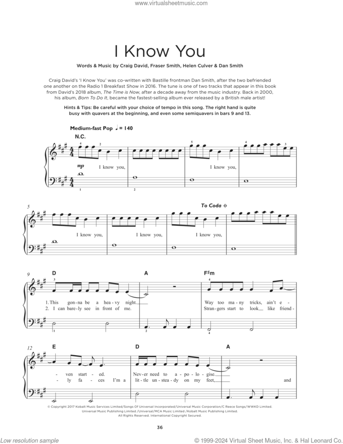 I Know You (feat. Bastille) sheet music for piano solo by Craig David, Dan Smith, Fraser Thorneycroft-Smith and Helen Culver, beginner skill level