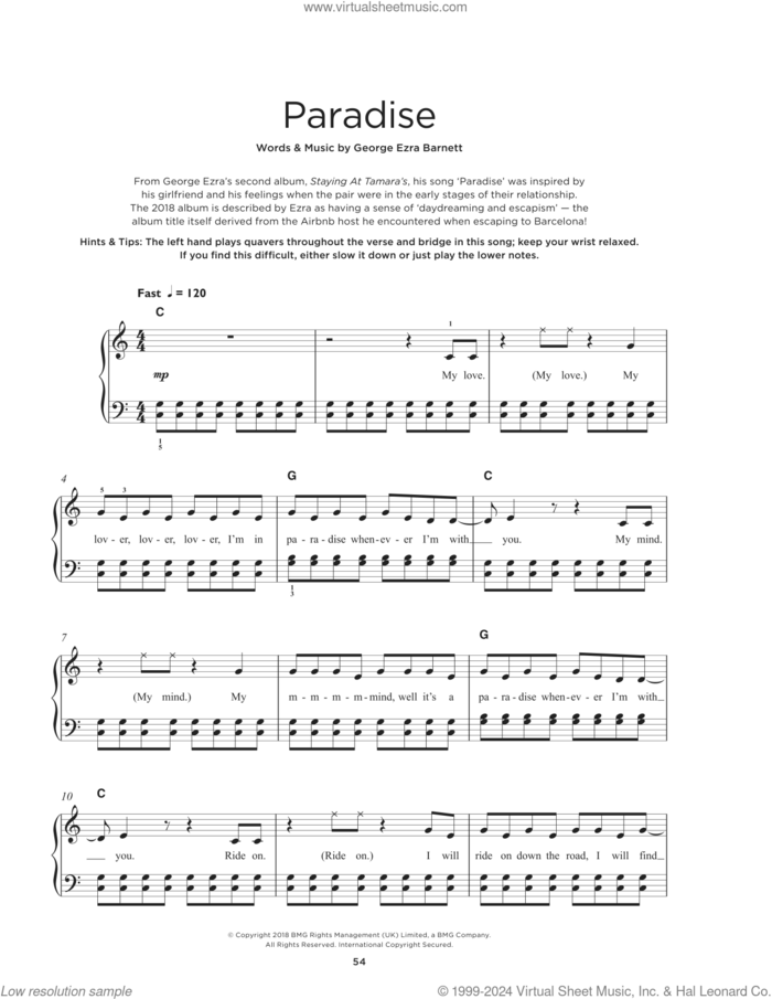 Paradise sheet music for piano solo by George Ezra, beginner skill level