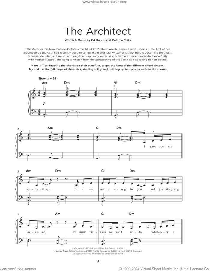 The Architect sheet music for piano solo by Paloma Faith and Ed Harcourt, beginner skill level