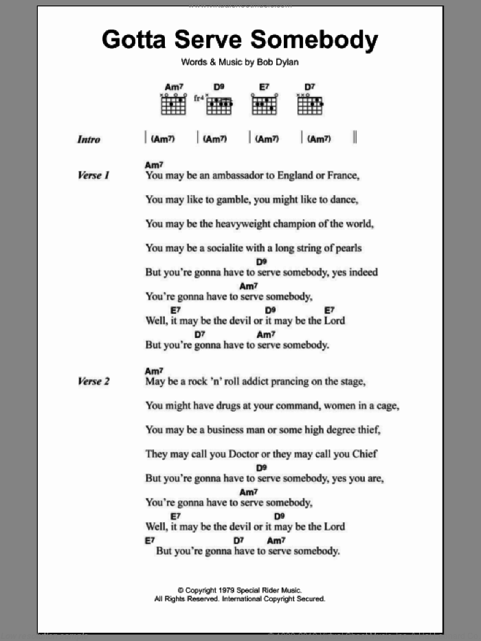 Gotta Serve Somebody sheet music for guitar (chords) by Bob Dylan, intermediate skill level