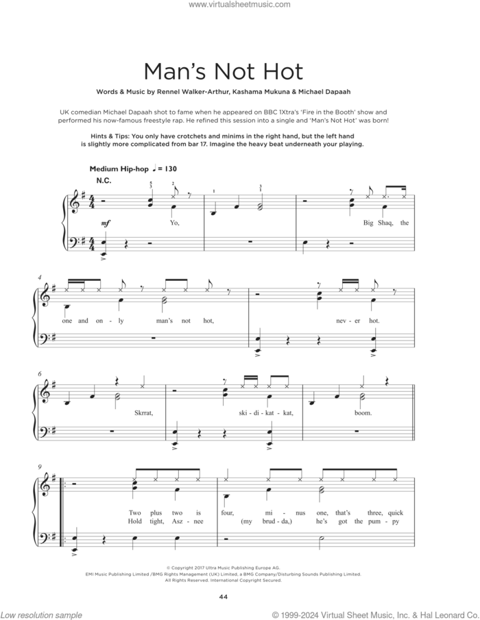 Man's Not Hot sheet music for piano solo by Big Shaq, Kashama Mukuna, Michael Dapaah and Rennel Walker-Arthur, beginner skill level