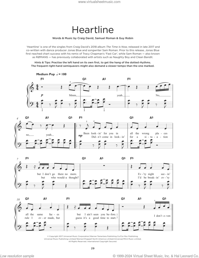 Heartline sheet music for piano solo by Craig David, Guy Robin and Samuel Roman, beginner skill level