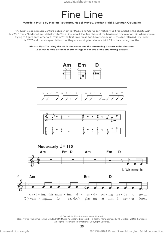 Fine Line sheet music for ukulele by Mabel and Not3s, Jordan Reid, Lukman Odunaike, Mabel McVey and Marlon Roudette, intermediate skill level