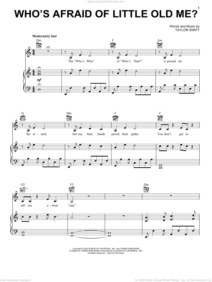 Who's Afraid of Little Old Me? sheet music for voice, piano or guitar by Taylor Swift, intermediate skill level