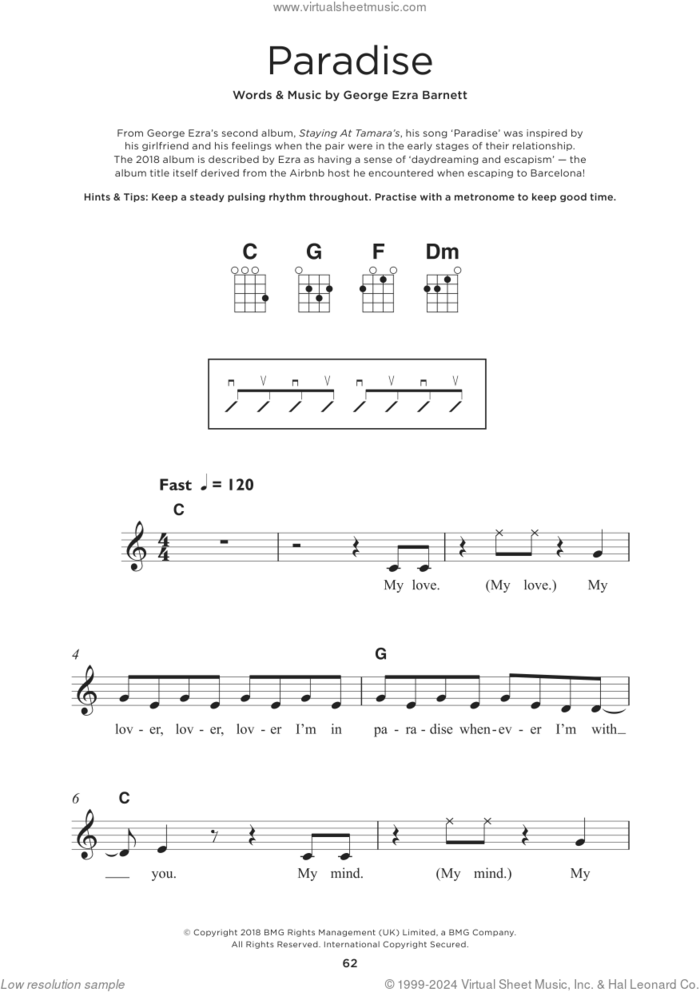 Paradise sheet music for ukulele by George Ezra, intermediate skill level