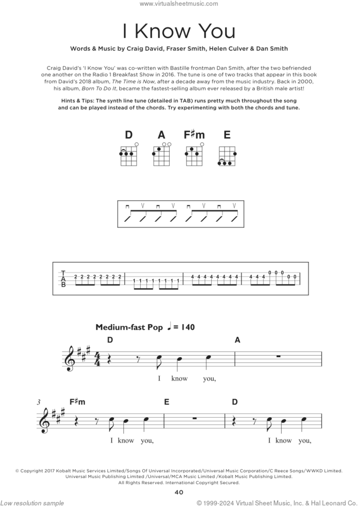 I Know You (feat. Bastille) sheet music for ukulele by Craig David, Dan Smith, Fraser Thorneycroft-Smith and Helen Culver, intermediate skill level
