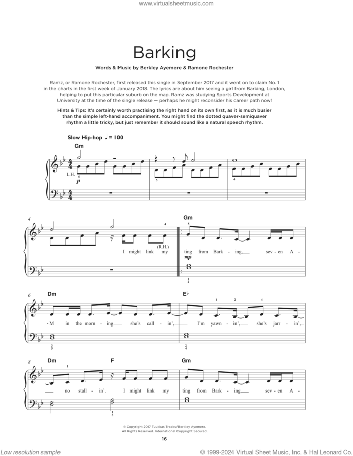 Barking sheet music for piano solo by Ramz, Ayemere Berkley and Ramone Rochester, beginner skill level