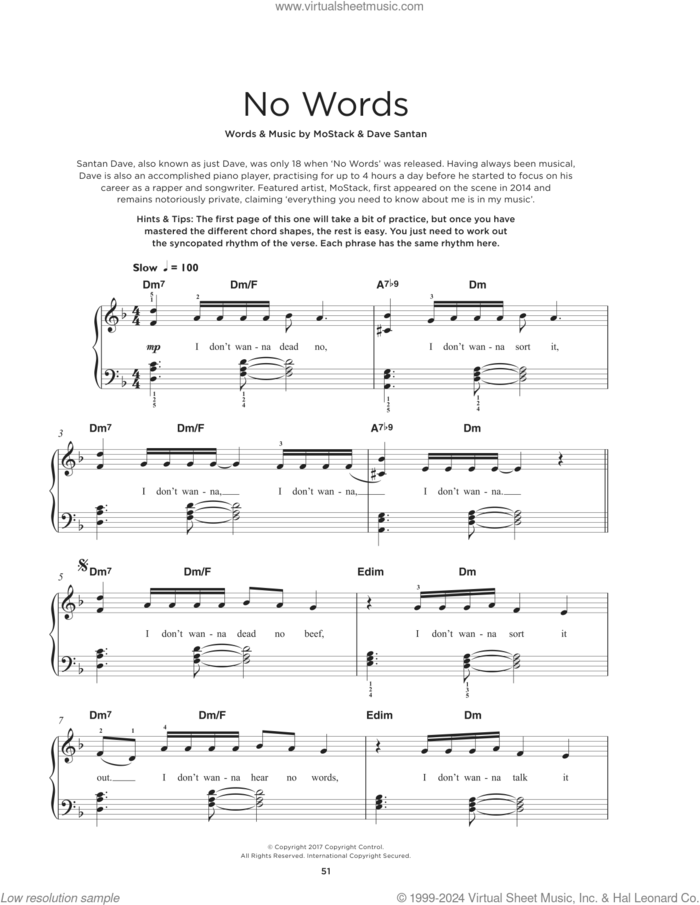 No Words sheet music for piano solo by Dave and MoStack, David Orobosa Omoregie, Kathleen Anne Brien, Pahuldip Singh Sandhu and Samuel Daley Montell, beginner skill level