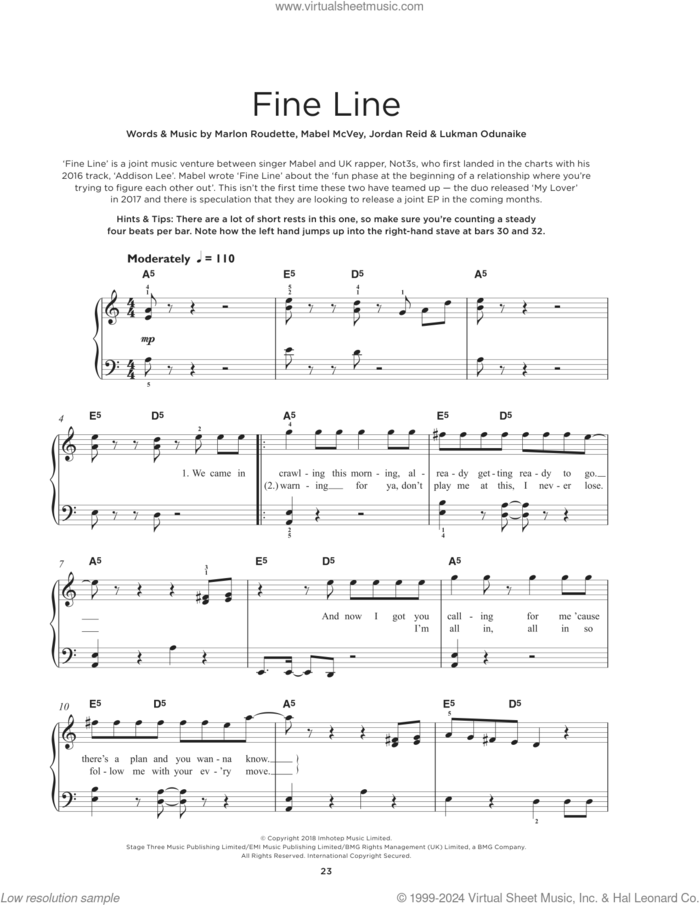 Fine Line sheet music for piano solo by Mabel and Not3s, Jordan Reid, Lukman Odunaike, Mabel McVey and Marlon Roudette, beginner skill level