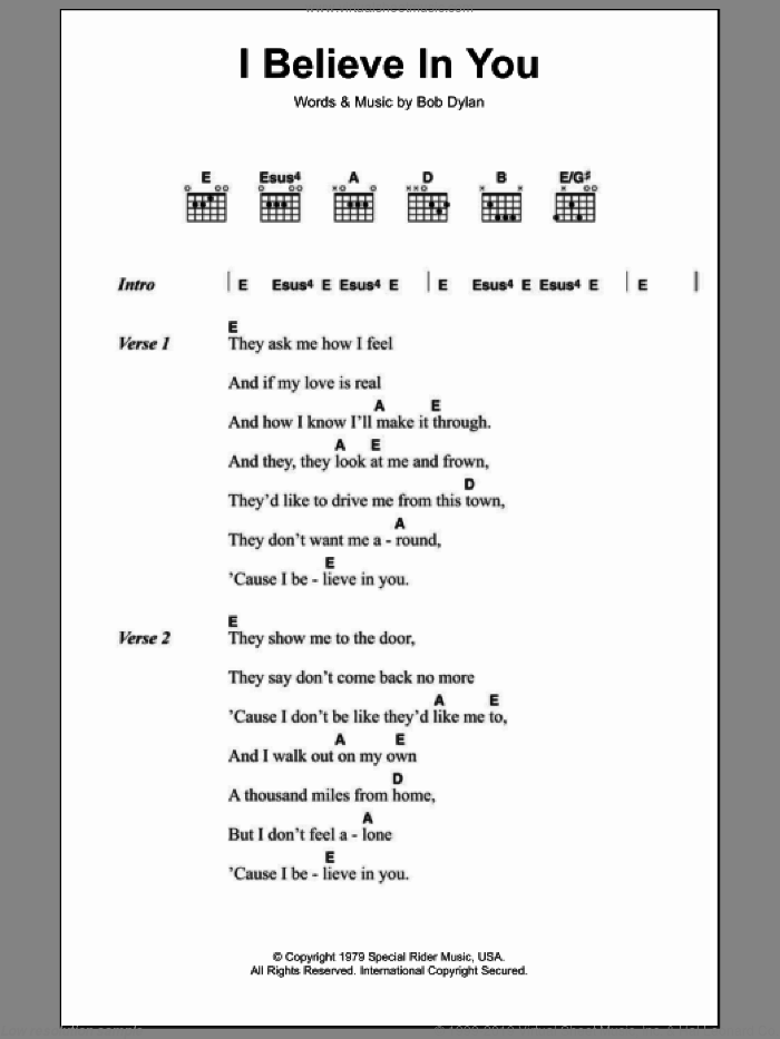 I Believe In You sheet music for guitar (chords) by Bob Dylan, intermediate skill level