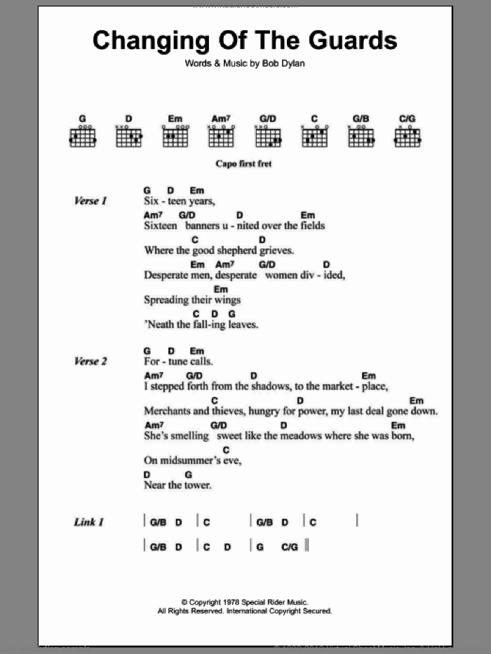 Changing Of The Guards sheet music for guitar (chords) by Bob Dylan, intermediate skill level
