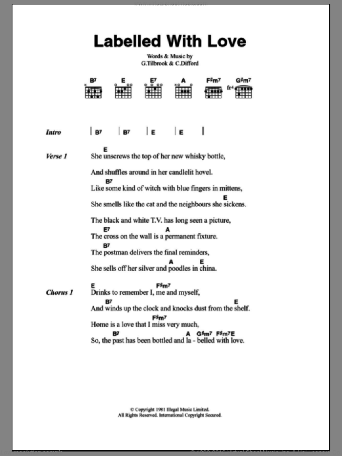 Labelled With Love sheet music for guitar (chords) by Squeeze, Chris Difford and Glenn Tilbrook, intermediate skill level
