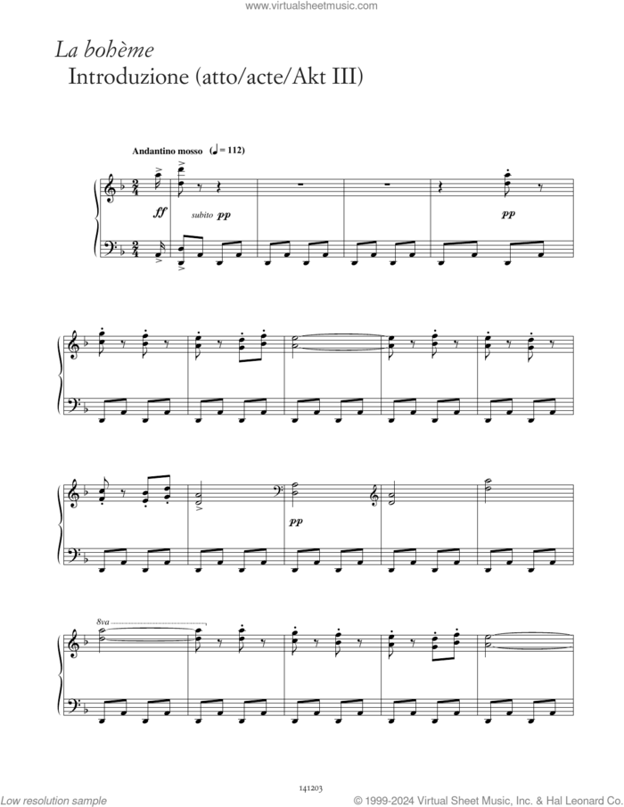 Introduzione (Act III) (from La Boheme) sheet music for piano solo by Giacomo Puccini, classical score, intermediate skill level