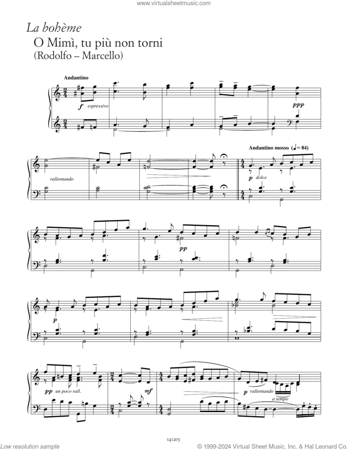 O Mimi, tu piu non torni (from La Boheme) sheet music for piano solo by Giacomo Puccini, Giuseppe Giacosa and Luigi Illica, classical score, intermediate skill level