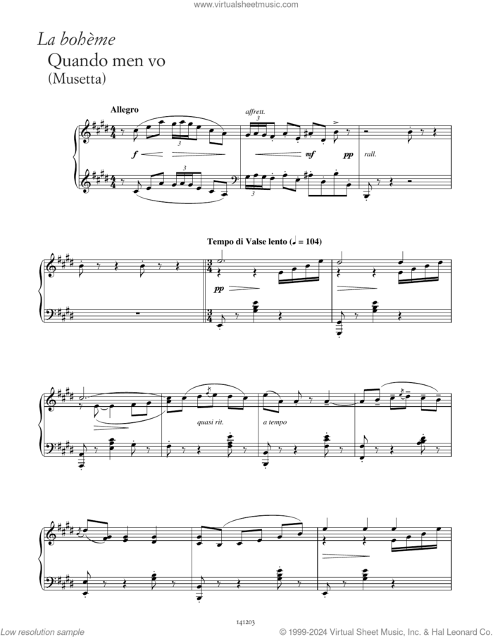 Quando men vo (from La Boheme) sheet music for piano solo by Giacomo Puccini, Giuseppe Giacosa and Luigi Illica, classical score, intermediate skill level