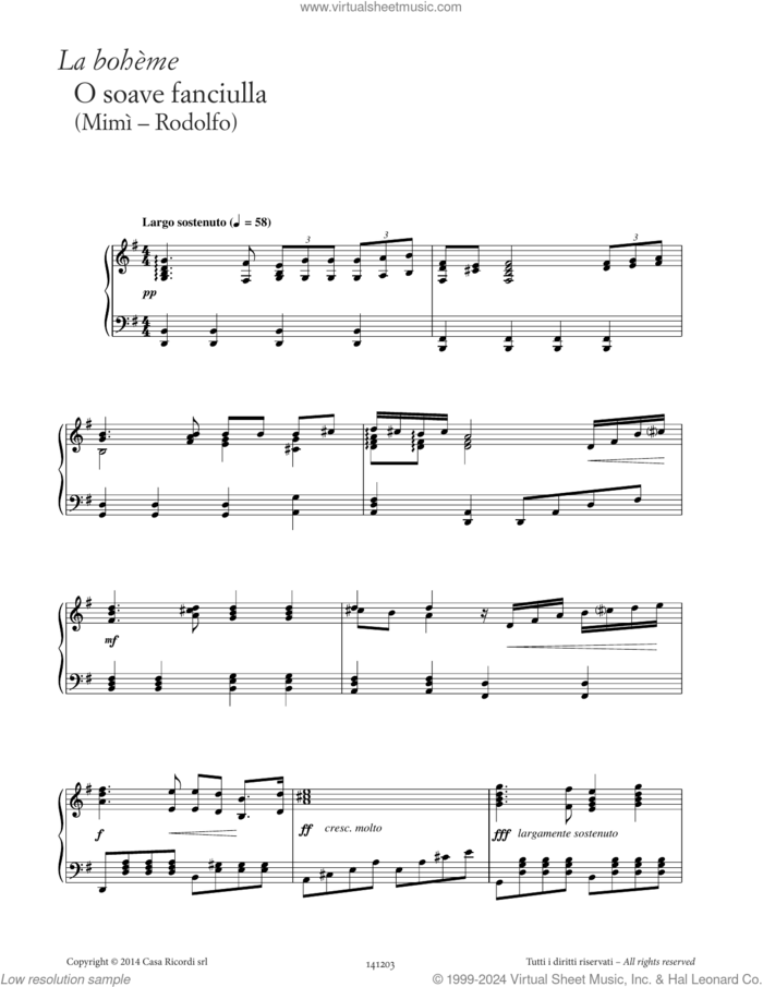 O soave fanciulla (from La Boheme) sheet music for piano solo by Giacomo Puccini, Giuseppe Giacosa and Luigi Illica, classical score, intermediate skill level