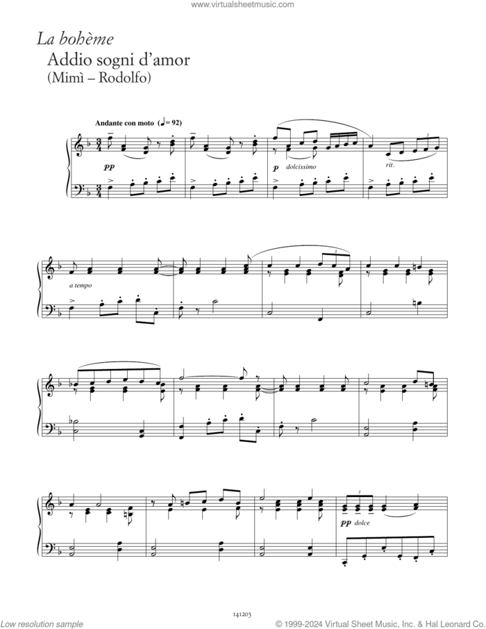 Addio, sogni d'amor! (from La Boheme) sheet music for piano solo by Giacomo Puccini, Giuseppe Giacosa and Luigi Illica, classical score, intermediate skill level
