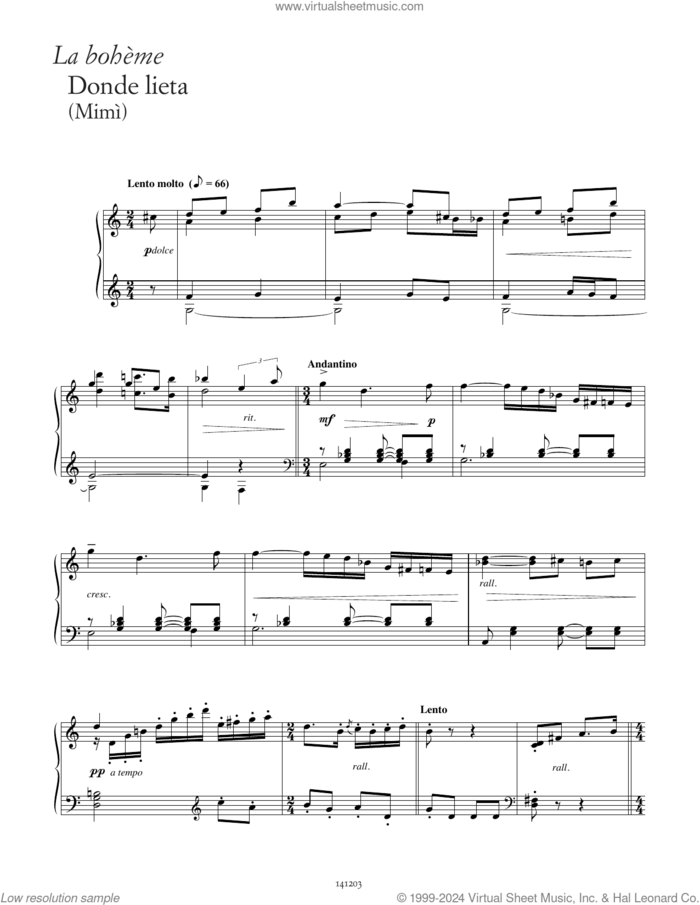 Donde lieta usci (from La Boheme) sheet music for piano solo by Giacomo Puccini, Giuseppe Giacosa and Luigi Illica, classical score, intermediate skill level