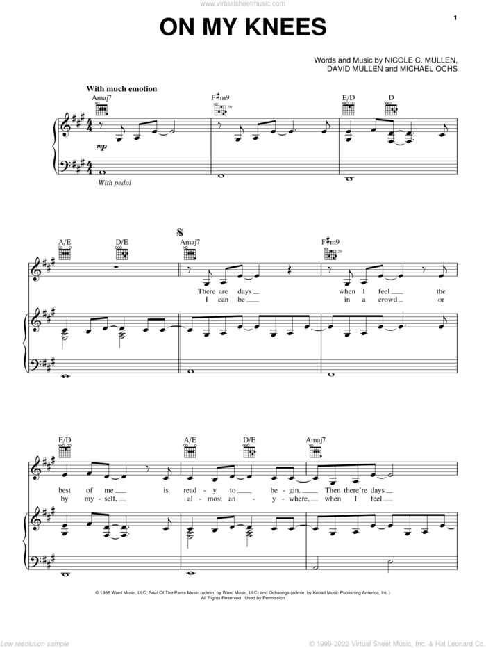On My Knees sheet music for voice, piano or guitar by Jaci Velasquez, David Mullen, Michael Ochs and Nicole C. Mullen, intermediate skill level