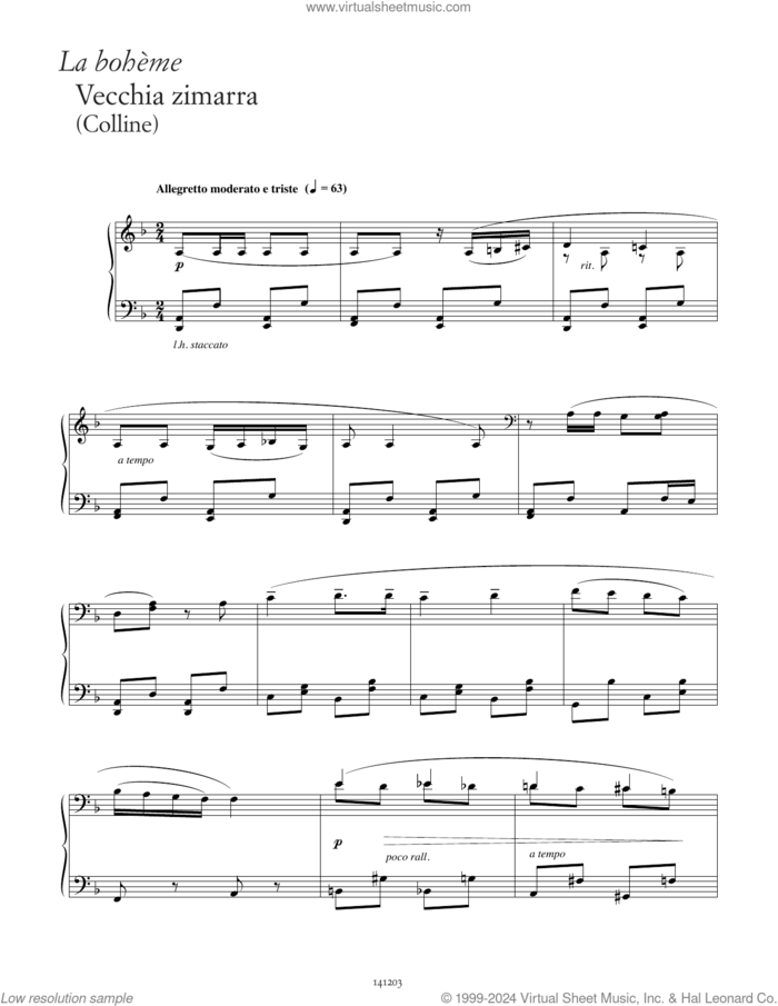 Vecchia zimarra (from La Boheme) sheet music for piano solo by Giacomo Puccini, Giuseppe Giacosa and Luigi Illica, classical score, intermediate skill level