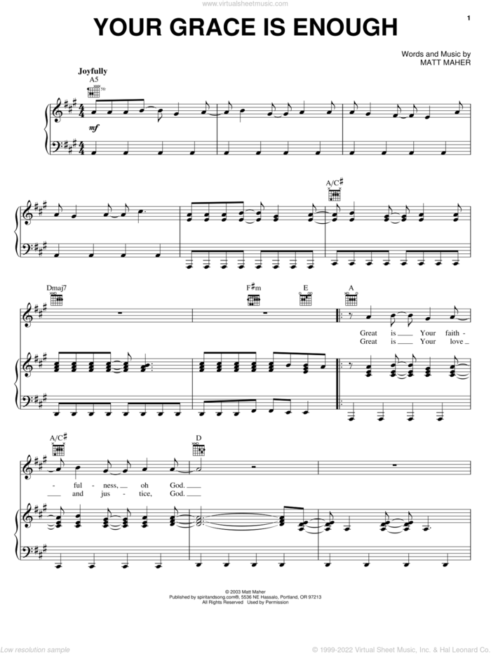 Your Grace Is Enough sheet music for voice, piano or guitar by Chris Tomlin and Matt Maher, intermediate skill level
