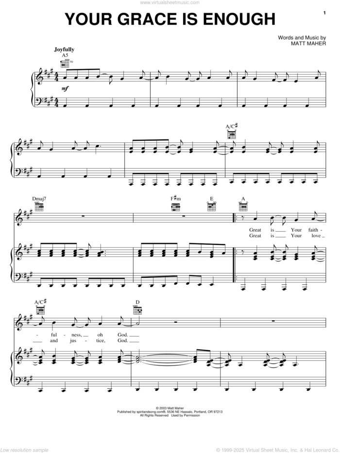 Your Grace Is Enough sheet music for voice, piano or guitar by Chris Tomlin and Matt Maher, intermediate skill level